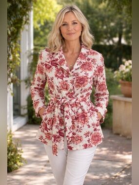 New Rachel Zoe Button Up Linen Jacket Floral Tie waist Belted